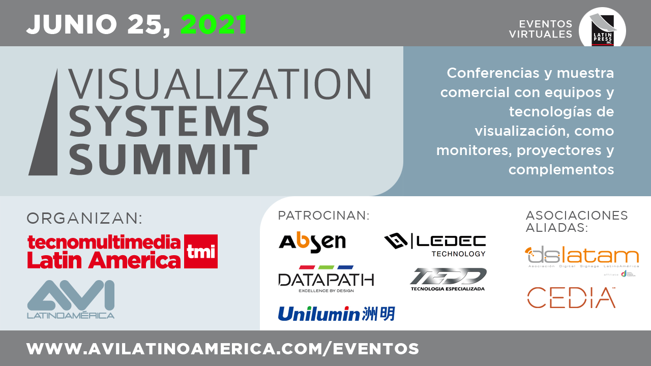 Conferencias y muestra comercial con equipos y tecnologías de visualización, como monitores, proyectores y complementos